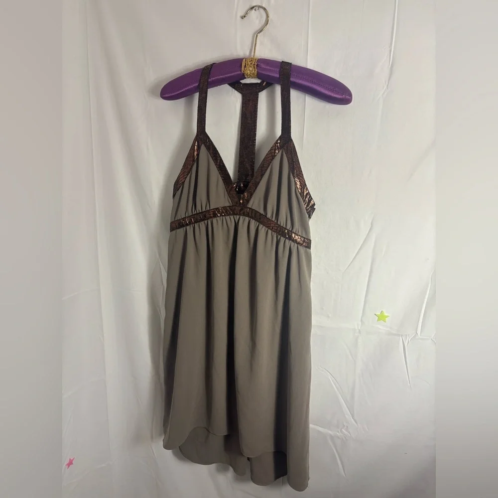 Brown Babydoll Empire Waist Metallic Copper High‎ Lo Boho Mini Dress Size M